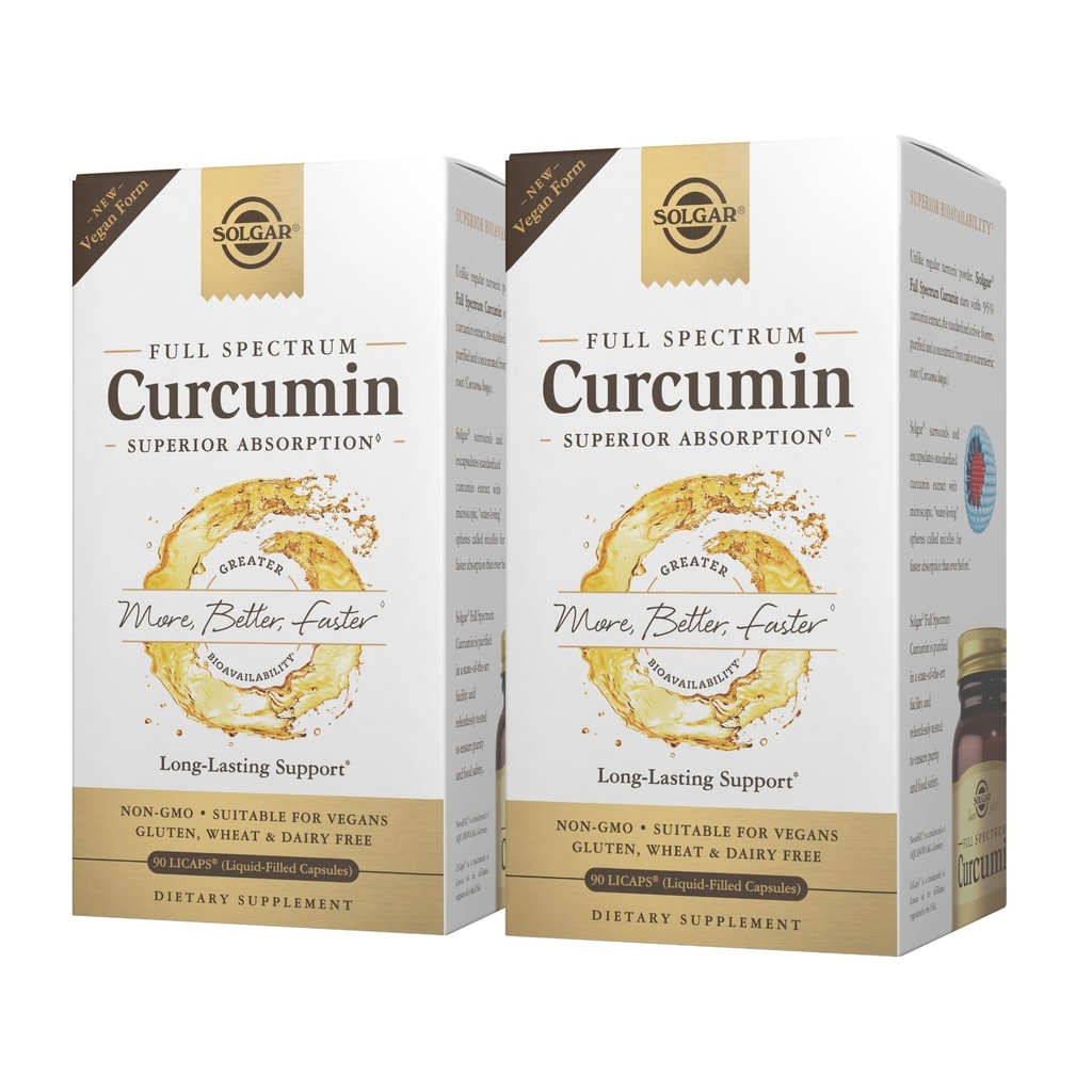 Solgar Full Spectrum Curcumin - 90 LiCaps, Pack of 2 - Superior Absorpce - Brain, Joint & Imunitary Health - Non- GMO, Vegan, Gluten Free, Dairy Free - 180 Total Servings