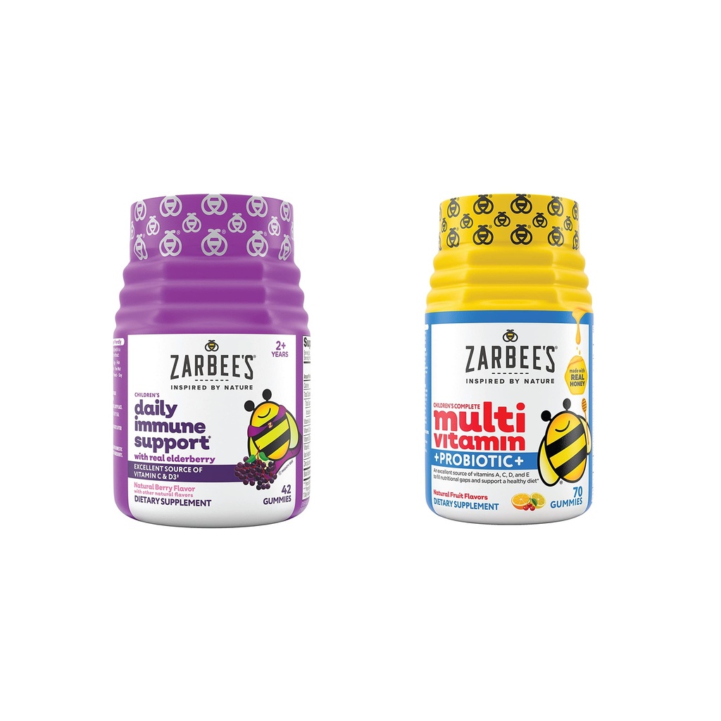 Zarbee 's Kids Daily Imunitary Support & Kids Multivitamin + Probiotic Multipack, Imunitate Support Gummies with Elderberry, Vitamin C & Zinek, 42 ct, & Children' s Vitamins + Probiotic Gummies, 70 ct, 2 položky