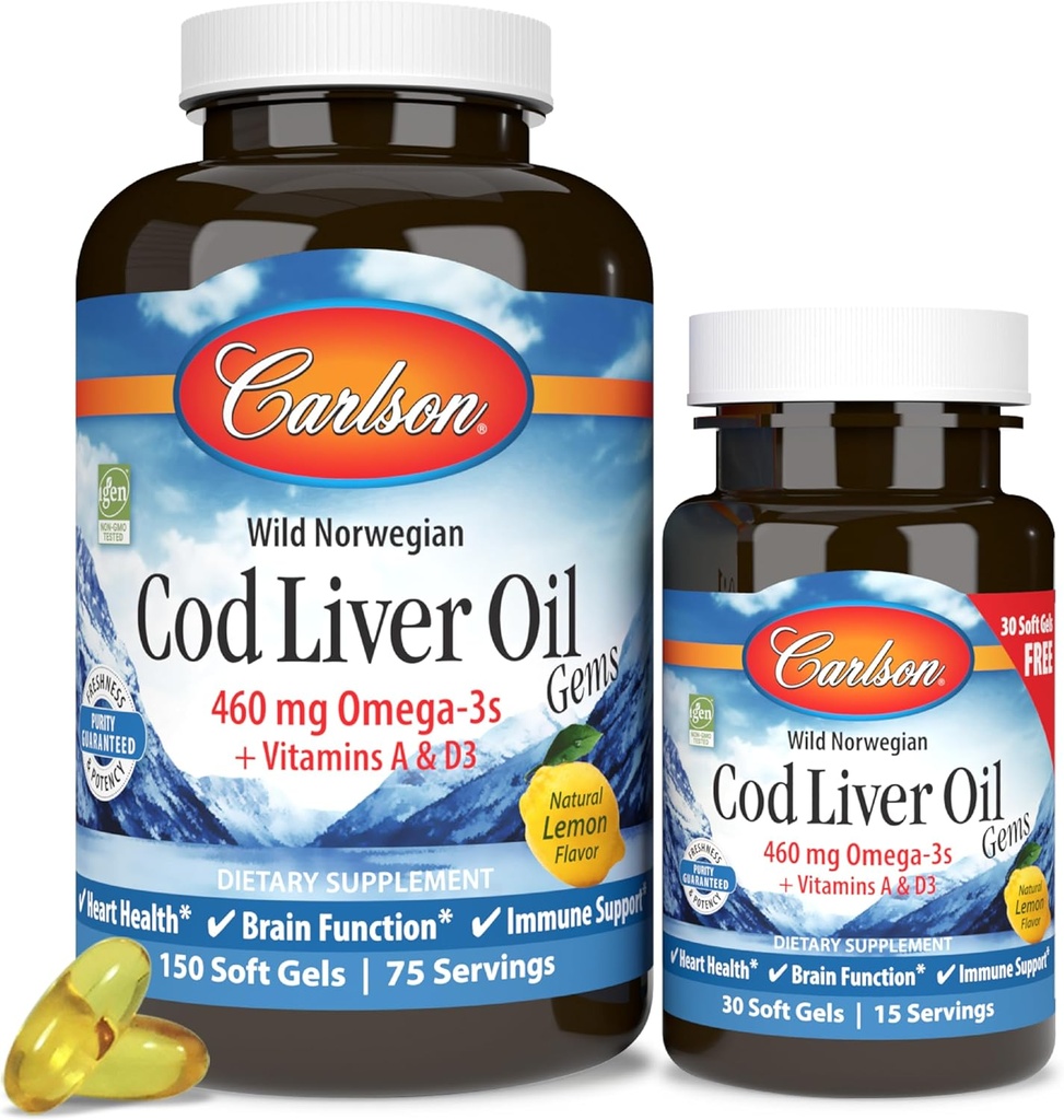 Carlson - Cod Jaterní olejové drahokamy, 460 mg Omega-3s + vitaminy A & D3, Wild- Catched Norsky Arctic Cod Jaterní olej, Udržitelně sourced Nordic Fish Oil Capsules, Lemon, 180 Softgels