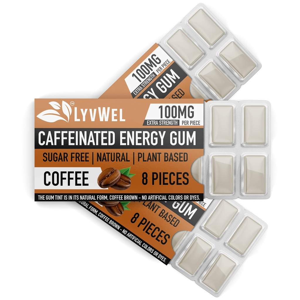 LyvWel Energy Gum Dura124; 100mg Caffeine per gem dura124; Všechny přírodní dura124; Sugar- Free Pre- Workout Boost: Váš esenciální doplněk energie k pobytu Awake- 3 Pack (káva)