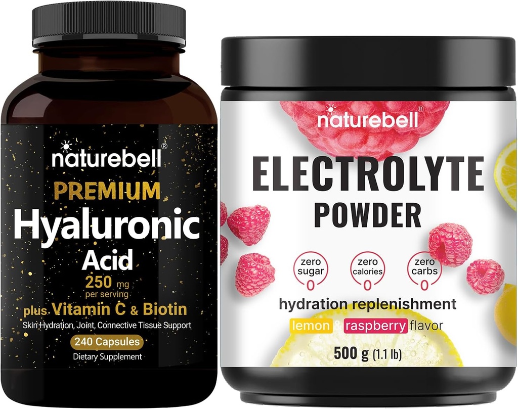 NatureBell Hyaluronic Acid Kapsle s Biotin + Vitamin C & Electrolyte Hydration Powder Bundle Pack 124; Kompletní komplexy péče o krásu 124; Pravé kokosové vody Electrolyty