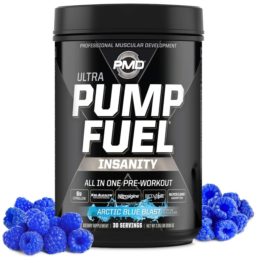 PMD sportovní čerpadlo Palivo Ultra Insanity - Premium Pre Workout Powder & Muscle Pump, Větší zaměření, Vytrvalost & Recovery, Premium Creatin, Arginin & Beta Alanin - Arctic Blue Blast (30 Služeb)