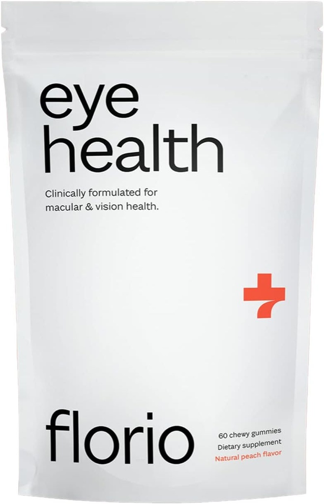Florio Eye Health Gummy Vitamíny pro dospělé, 2X Lutein & Zeaxanthin, Vitamíny A, B2, B3, C & E, Zachovat makulární a sítnicové zdraví, Boj oxidace, 30- Day Supply, Natural Peach Flavor