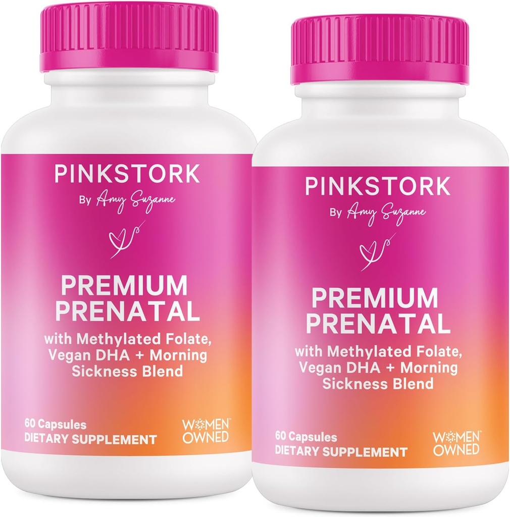 Pink Stork Premium Prenatal Vitamin pro ženy - Multivitamin & Probiotika - Ranní nemoc, potrava, & Energie - Folát, B6, & železo - 60 Kapsle - 2 Pack