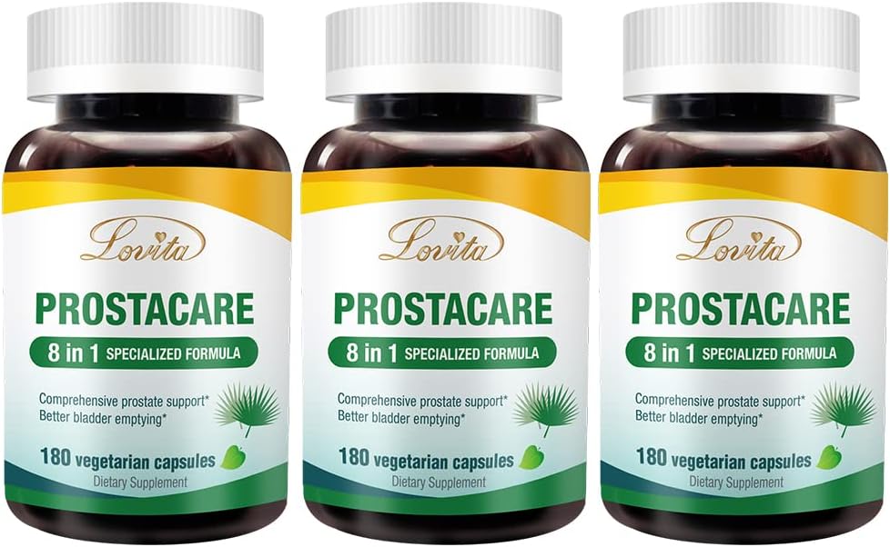 Lovita Prostate Health, 8 v 1 Exkluzivní Prostate doplňky pro muže s pilou Palmetto 500 mg, štípající kopřivka, Lycopen pro normální močení Frekvence, 180 Veggie Kapsle (Balení po 3)
