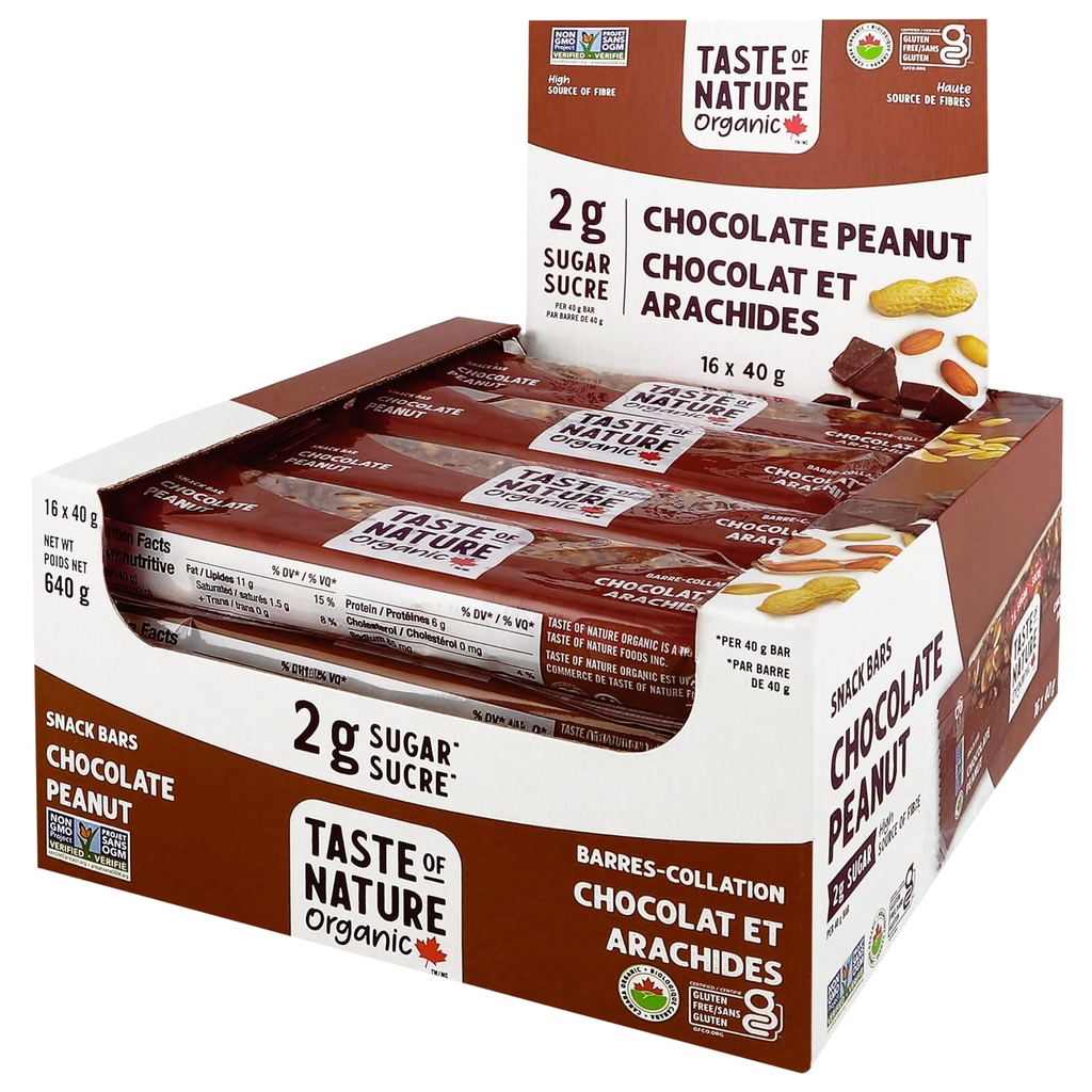 Chuť přírody - Organic 2g Cukrová čokoláda arašídy - Nízký cukr Snack and Breakfast Bar, High Fiber Energy Bar - 16 Hrabě Snack Pack