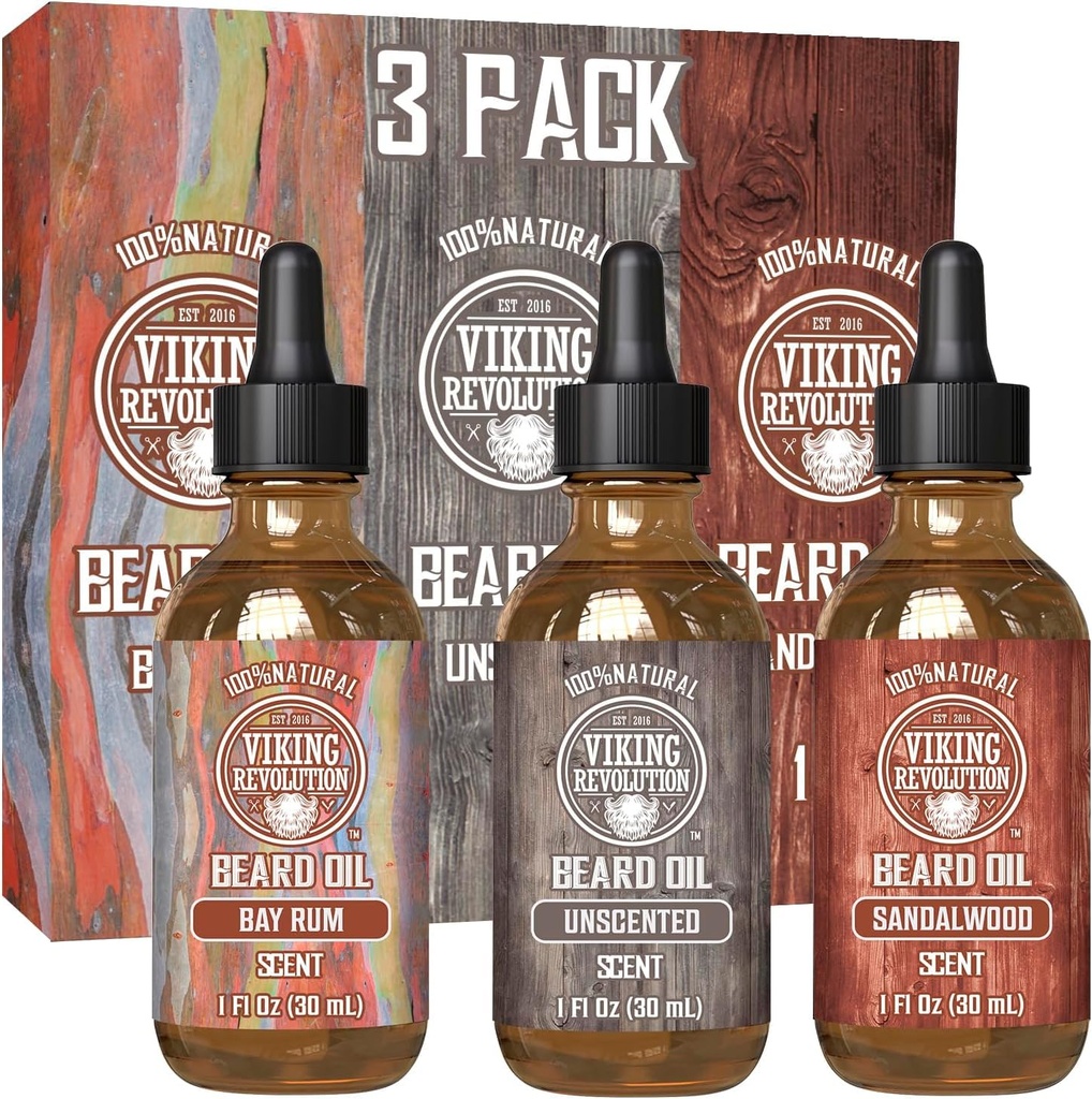 Viking Revolution Beard Oil for Men 3 Pack - Natural Mens Beard Oil Variety Set 2 - Sandalwood, Unpartented and Bay Rum Sents - Beard Conditioning and Moisturizing for a Health Beard (3 Pack, 1oz)