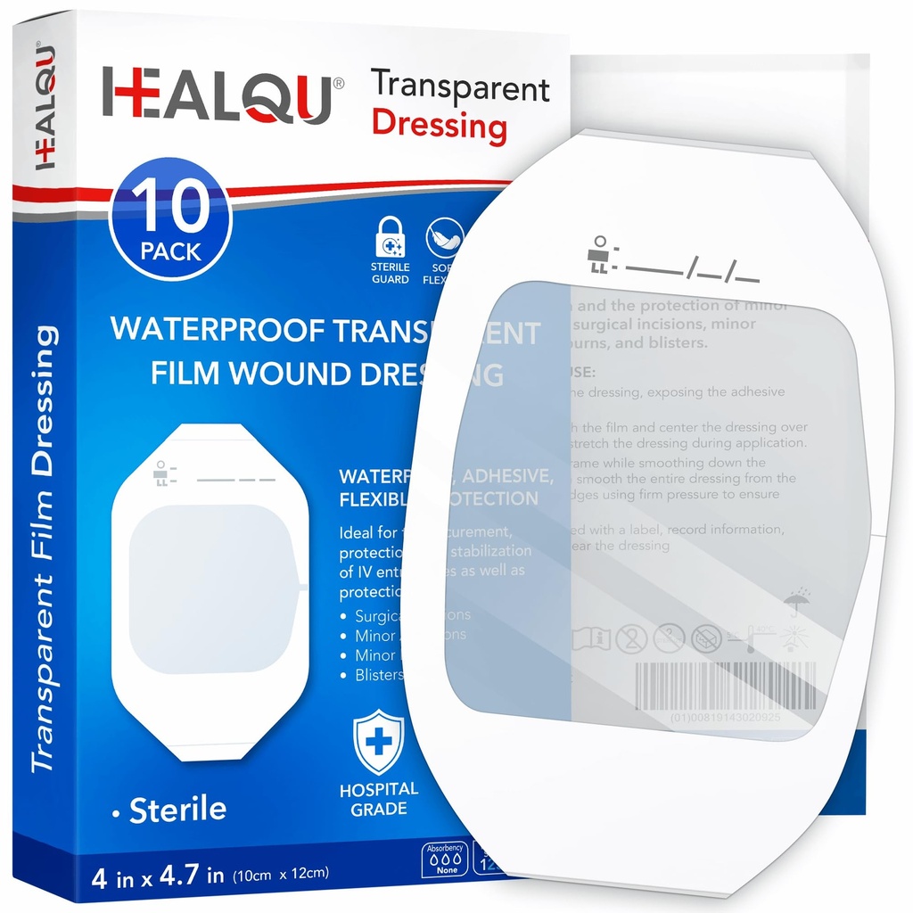 Transparentní filmový dresing 4 "x 4.75" (10 Pack) - vodotěsné adhezivní zranění obvazy pro postchirurgickou sprchu, IV štít, tetování aftercare, jasné dýchatelné záplaty podle HEALQU