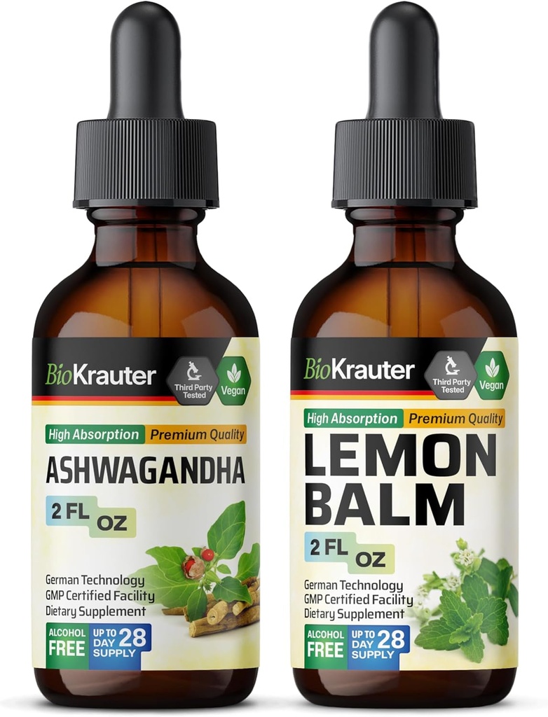 BIO KRAUTER Ashwagandha tinktura 2 Fl. Oz. & Lemon Balm tinktura 2 Fl. Oz.