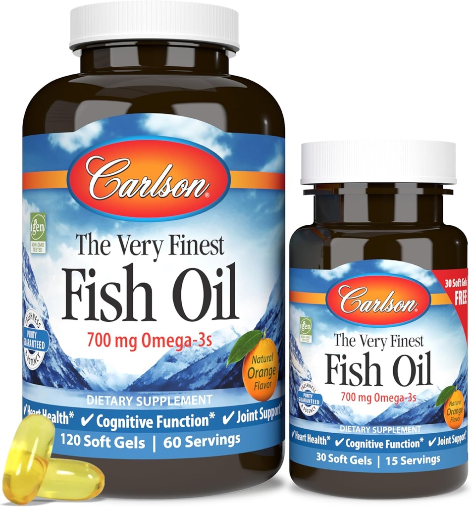 Carlson - Nejjemnější rybí olej, 700 mg Omega-3s, Norský doplněk rybího oleje, Wild Catched Omega33 Fish Omega33 Fish Oil, Udržitelně sourced Fish Oil Kapsle, Omega33 Dodatek, Orange, 120 + 30 Softgels