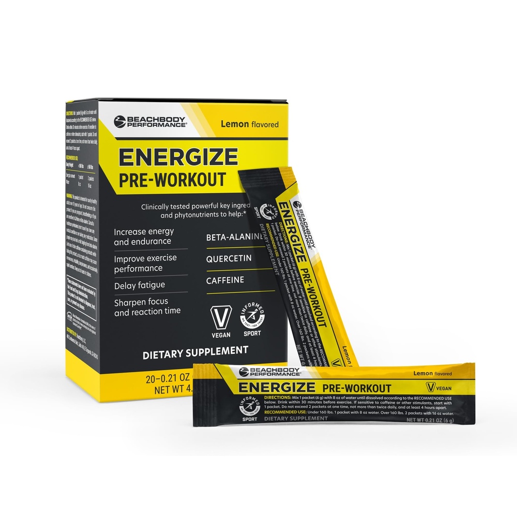 BODi Energize Pre Workout Powder - Beta- Alanin, Quercetin & Low- Dávka kofeinu Formule pro zlepšení energie a zaměření, Zvýšení energie a vytrvalost Dodatek, Lemon ochucené, 20 Sticks