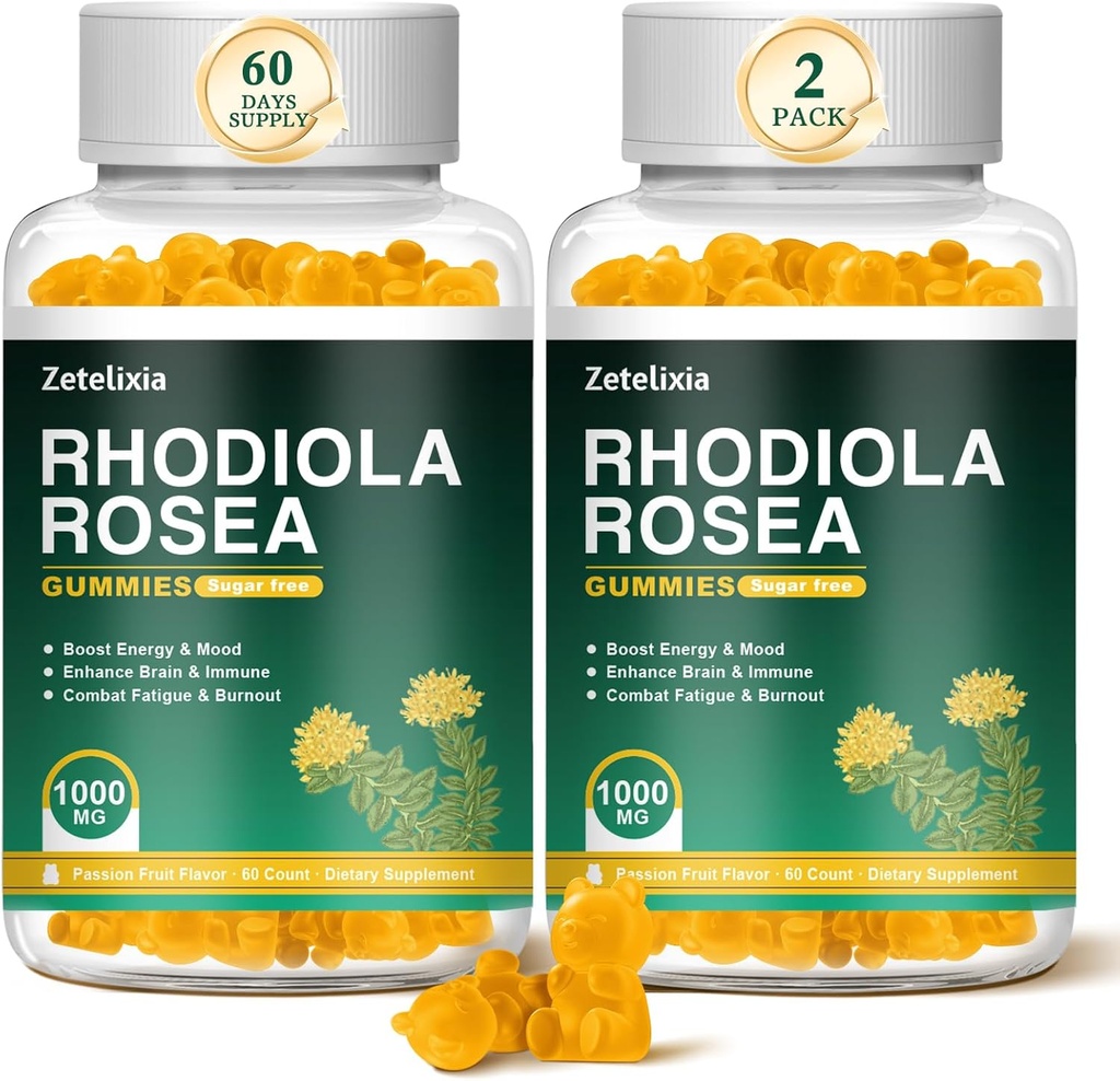 2 Balení Sugar- Volný Rhoddiola Rosea Gummies 1000mg, Rhoddiola Rosea Dodatek pro ženy a muže, Podpora vytrvalost, Mood & Energy, Non- GMO, Vegan, 120 Počet