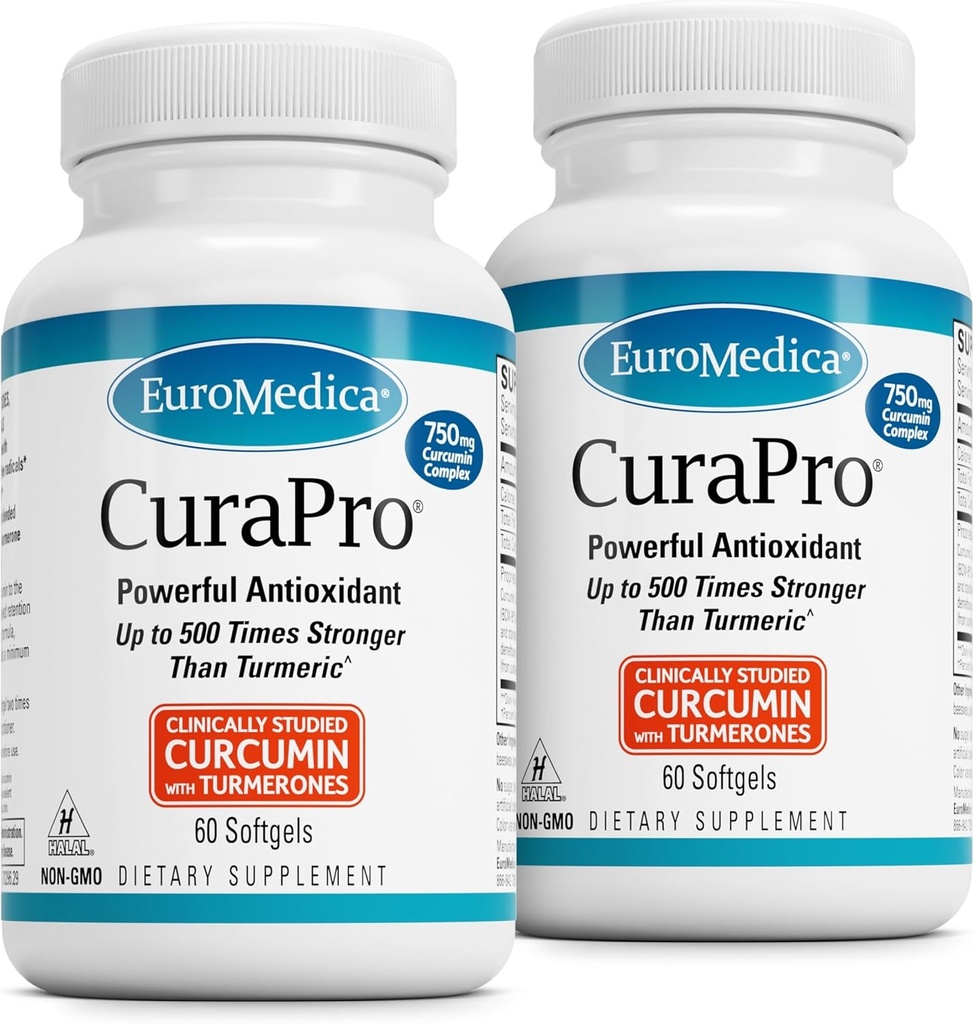 EuroMedica CuraPro - Antioxidační doplněk pro podporu zdraví mozku a imunity - Dietní dodatek s kurkuminovým a kurkuminovým esenciálním olejem - Bylinná podpora jater - 60 Softgels, 2 Pack (120 Softgels)
