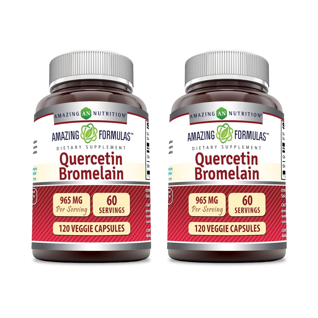 Amazing Applicas Quercetin 800mg s Bromelain 165mg, 120 Veggie Kapsle Dodatek (Balení po 2) - Non- GMO - Gluten zdarma - Podporuje celkové zdraví a zdraví