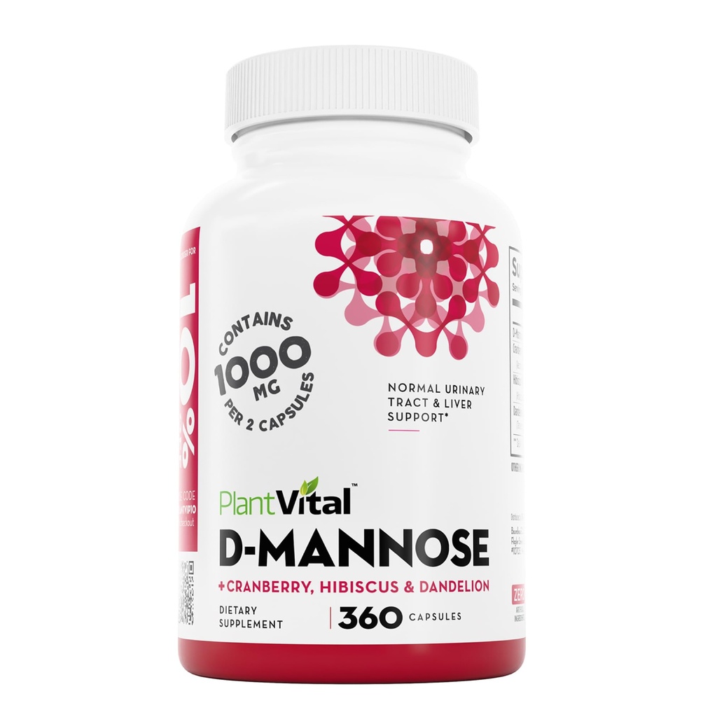 Plantvital D Mannose Kapsle s Cranberry - D- mannose 1000mg Kapsle - Vysoká účinnost pro močové měchýře, ledviny a močové cesty Podpora. Brusinkový prášek s ibiškem a pampeliškou. 6 měsíců Dodávka