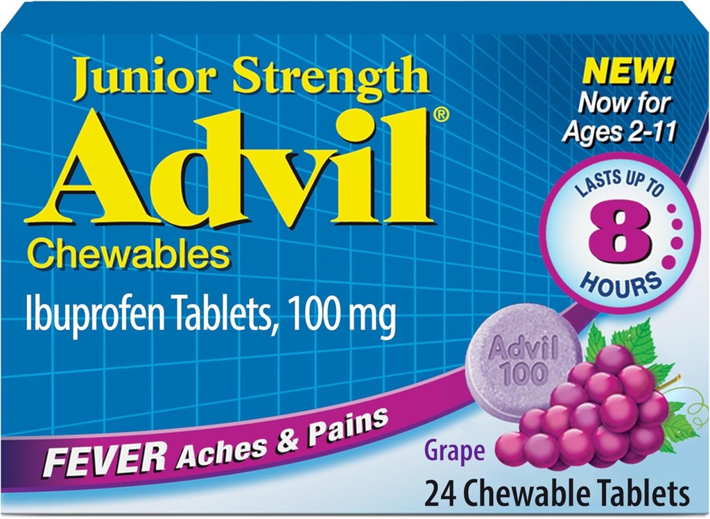 Advil Junior Strength Žvýkací Ibuprofen Pain Reliever and Fever Reducer, Dětský Ibuprofen for Pain Relief, Grape - 24 tablet