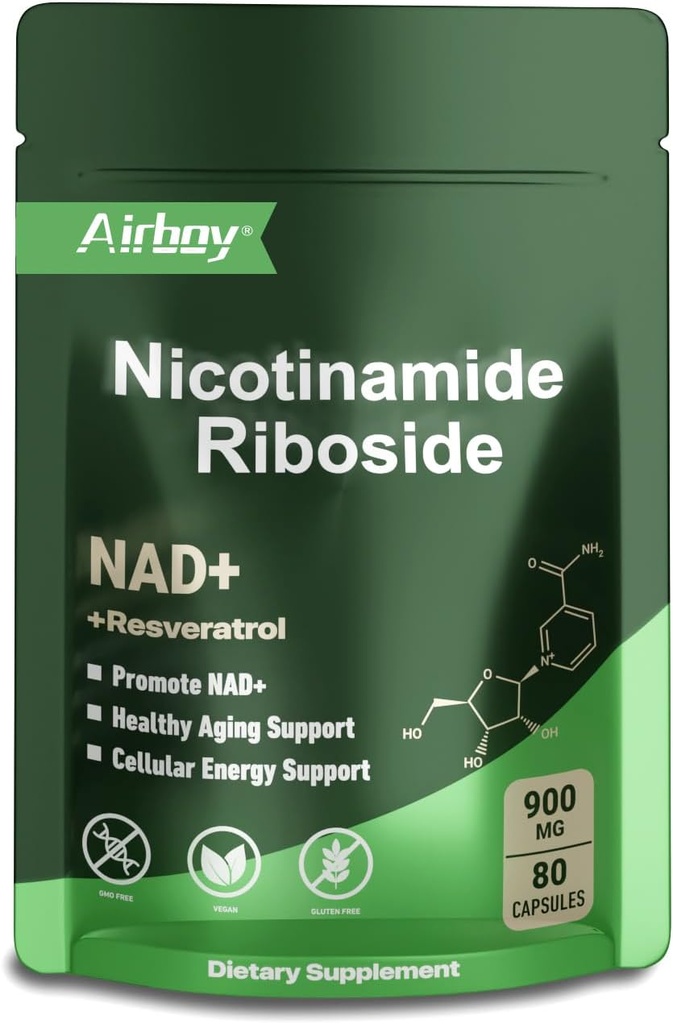 Airboy NAD dodatek s Nicotinamid Riboside Resveratrol & Quercetin 900 mg, NMNH Alternative for Men and Women Support Antiaging, Energie, Focus - 80 Kapsle