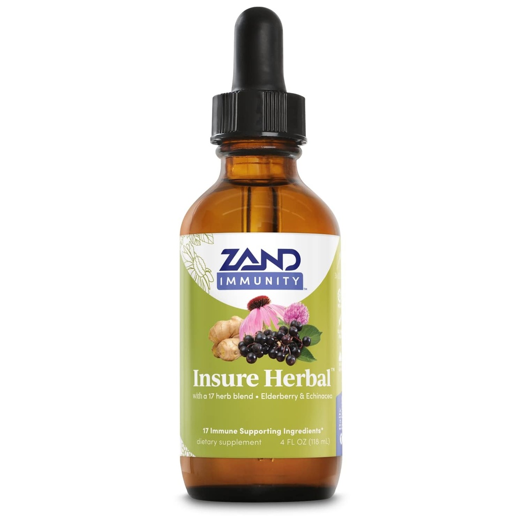 ZAND HERBALS Insure Herbal Liquid Blend - 17 Wellness Ingredients - w / Echinacea, Elderberry, Ginger, Sage, Peppermint and More - Gluten Free, Vegan, Non- GMO, 60- denní záruka, 147 Servings, 4 FL OZ