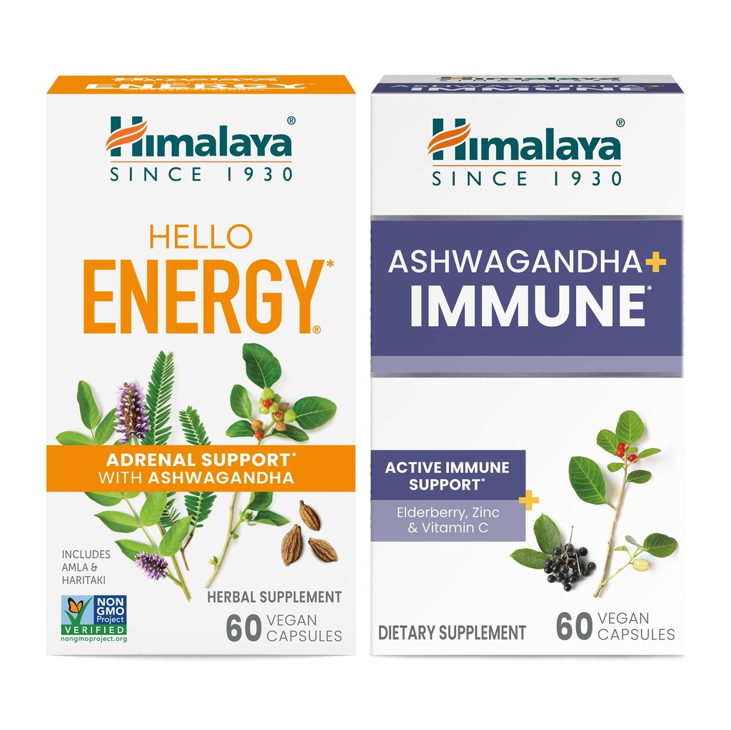 Himalaya Hello Energy s Ashwagandha pro Adrenal Support & Daily Energy a & Ashwagandha + Imunitní s vitamínem C pro aktivní imunitní podporu, 60 Kapsle Každý - Bundle