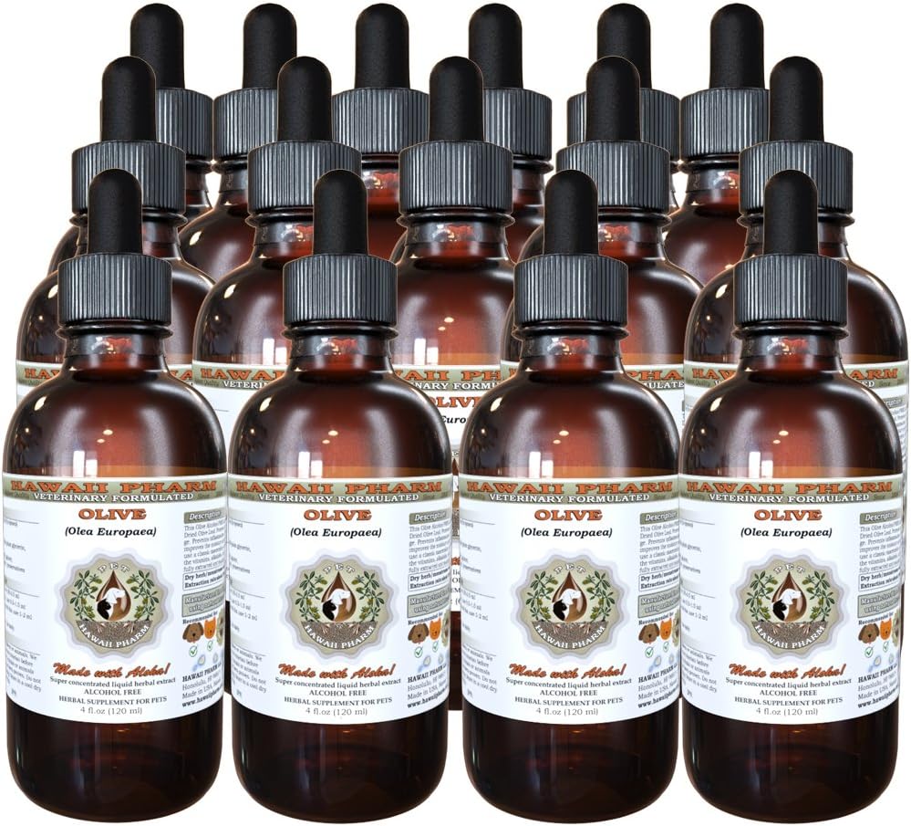 HawaiiPharm Olive (Olea ņea) Organic Sured Leaf Veterinary Natural Alcohol- Free Liquid Extract, Pet Bylinný dodatek 15x4 oz