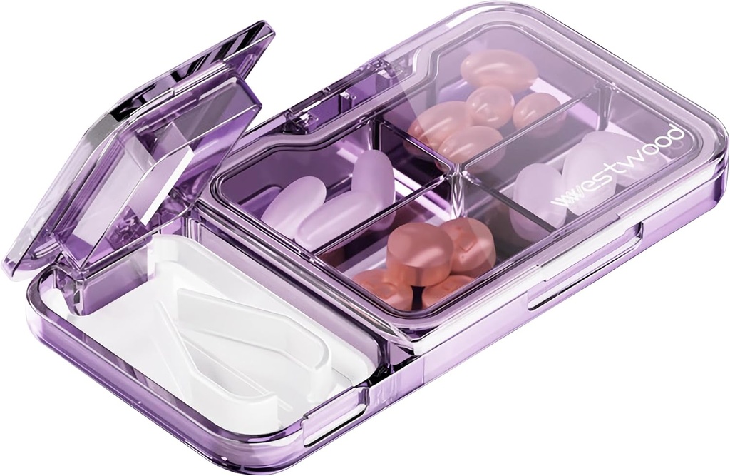 MURRI & MURRDI Pořadatel pilulek s Pill Splitter Pill Cutter, Pill Box Cutter pro malé nebo velké pilulky, Malá Medicína Pouzdro Vitamin Dispenser Holder, Portable Pill Crusher pro Purse Pocket (C Purple)