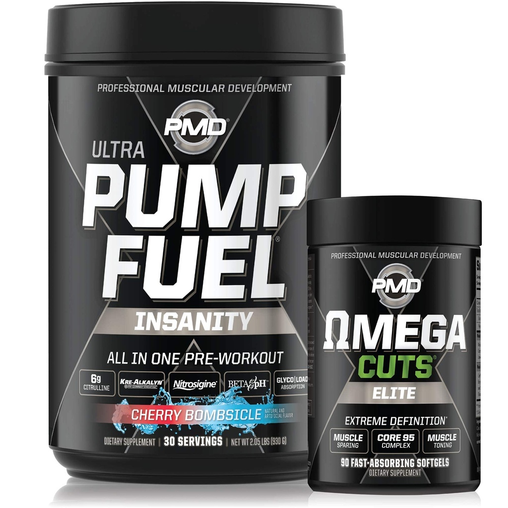 PMD Sports Ultra Pump Fuel Insanity - Předcvičení - Cherry Bombbicle (30 Servings) Sports Omega Cut Elite Thermogenic Fat Burner (90 Softgels)