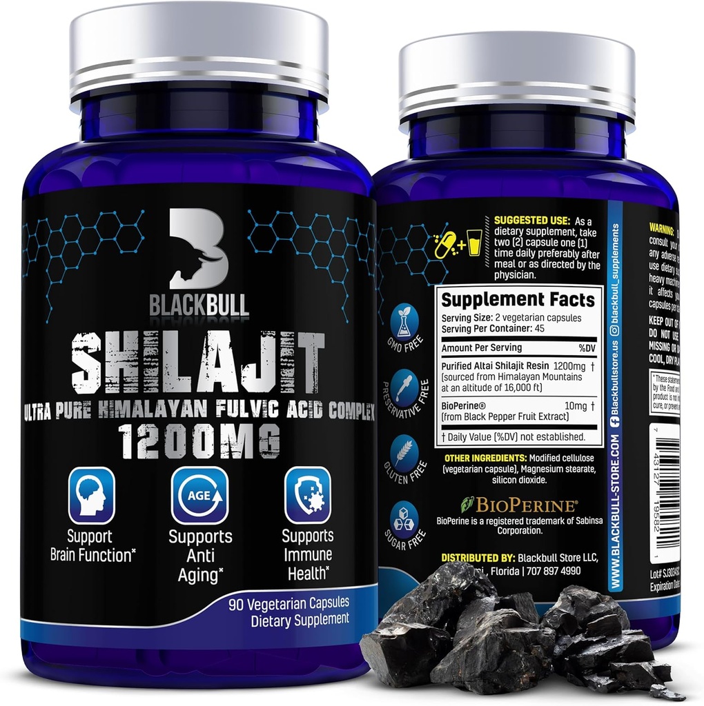 Blackbull Shilajit Čisté Himalájské organické kapsle - Přírodní Shilajit Resin Organic s 20% Fulvic Acid Dodatek, Brain Health, Stárnoucí imunitní podpora - Čisté Himalájské Shilajit