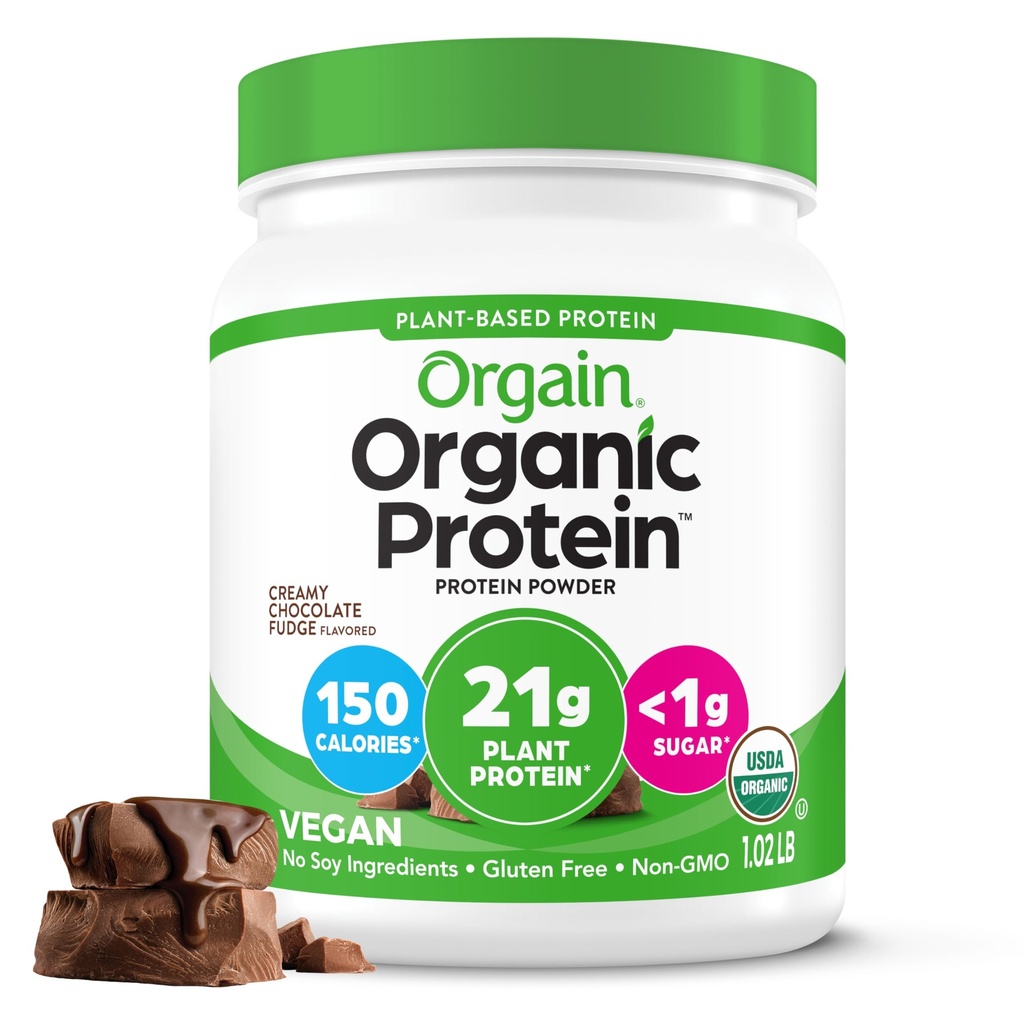 Orgain Organic Vegan Protein Powder, Creamy Chocolate Fudge - 21g Plant Protein, 7g Prebiotic Fiber, Low Net Carb, No Lactosa Ingredients, No Added Sugar, Non- GMO, For Shakes & Smoothies, 1.02 liber