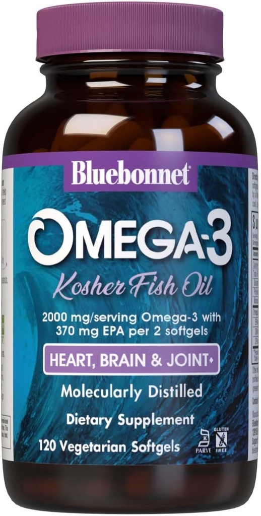 Bluebonnet Nutrition Omega33 Kosher Fish Oil, Natural Triglyceride Form, Gluten- Free, Dairy- Free, Kosher Certified, Non-GMO, 3. strana Testováno, Molekulárně Distilled, 120 Vegetarian Softgel, 60 Serving