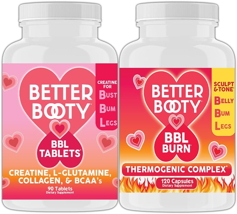 Rozzlobené doplňky Lepší Booty Ženské Creatine BBL Combo: BBL tablety (90ct) w. Creatine, glutamin, BCAA je, kolagen + BBL Burn termogenní kapsle (120ct)