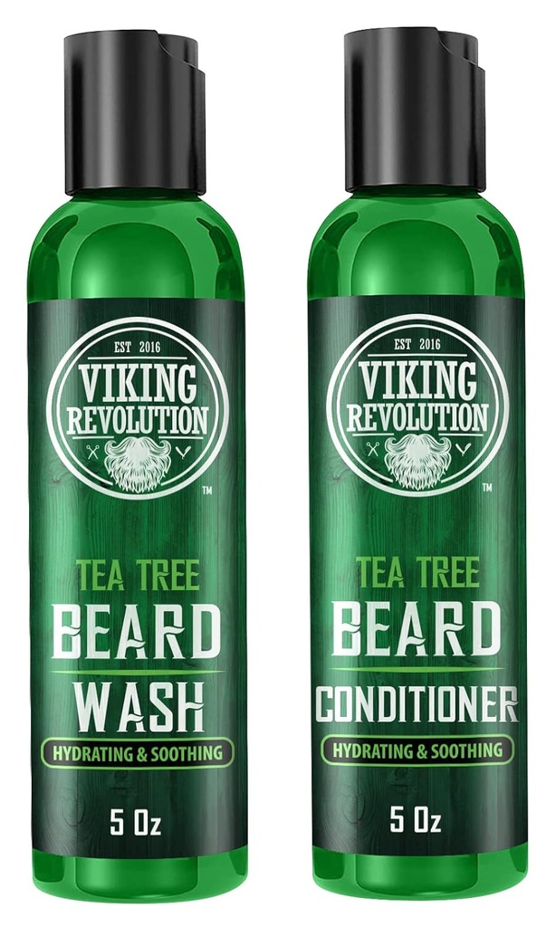 Viking Revolution Tea Tree Beard Wash and Conditioner Set for Men - Natural Beard Softtener with Argan Oil, Vitamin E and Ginseng (5 Oz)