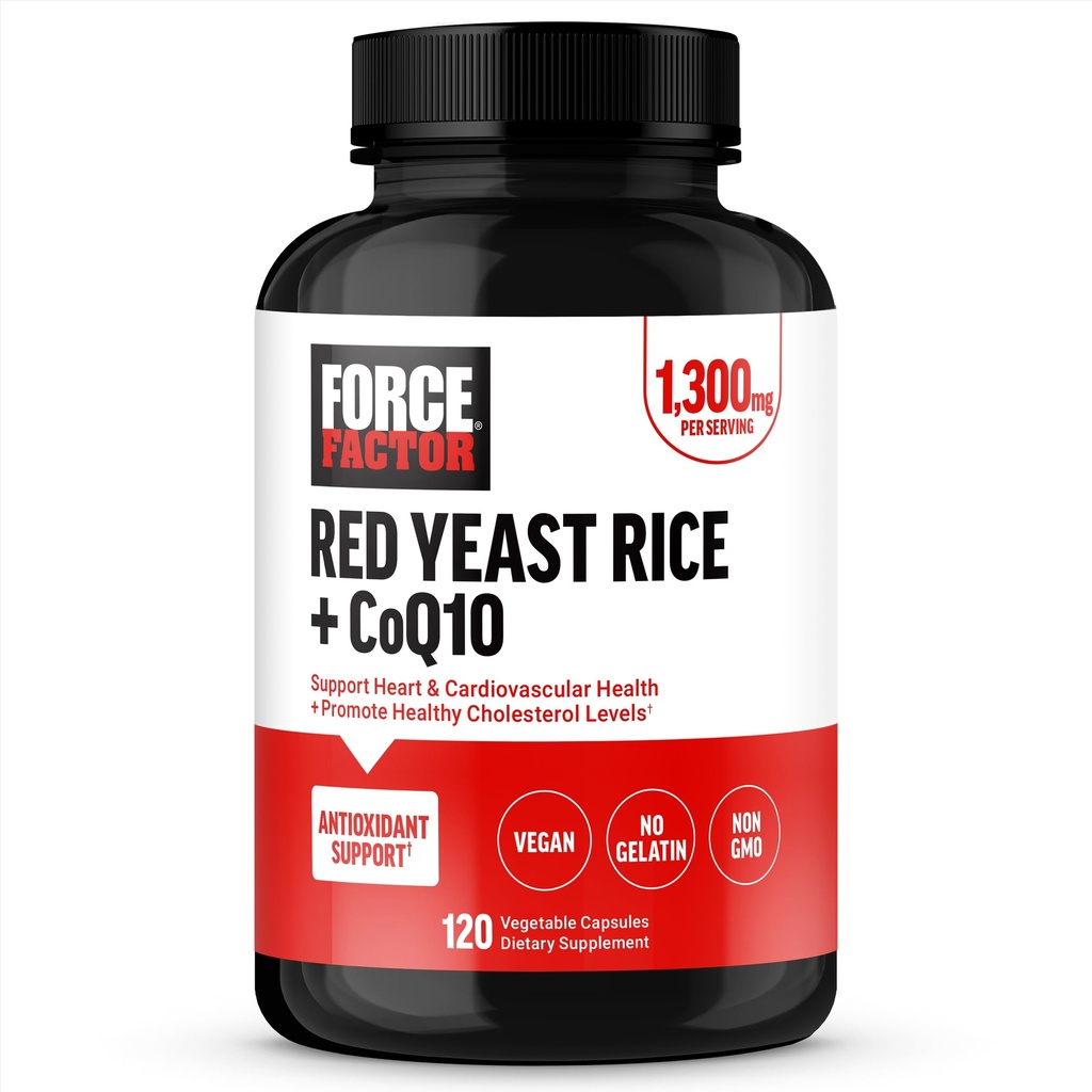 FORCE FACTOR červená kvasinková rýže + CoQ10 dodatek pro antioxidační podporu, non-GMO, Vegan- Friendly, Premium Quality, 120 Kapsle