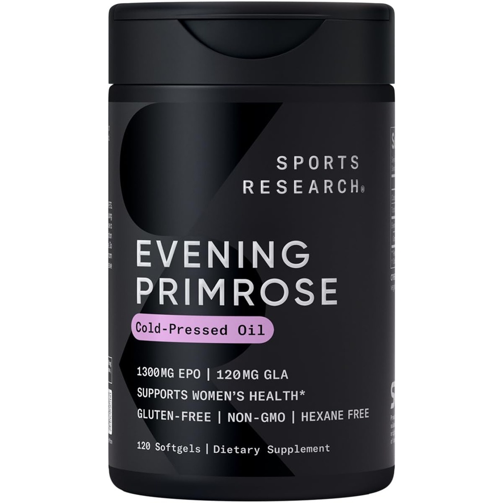 Sports Research ® Evening Primrose Oil 1300mg, 120 Kapsle - 10% GLA, Cold- Pressed, gluten & Soy Free