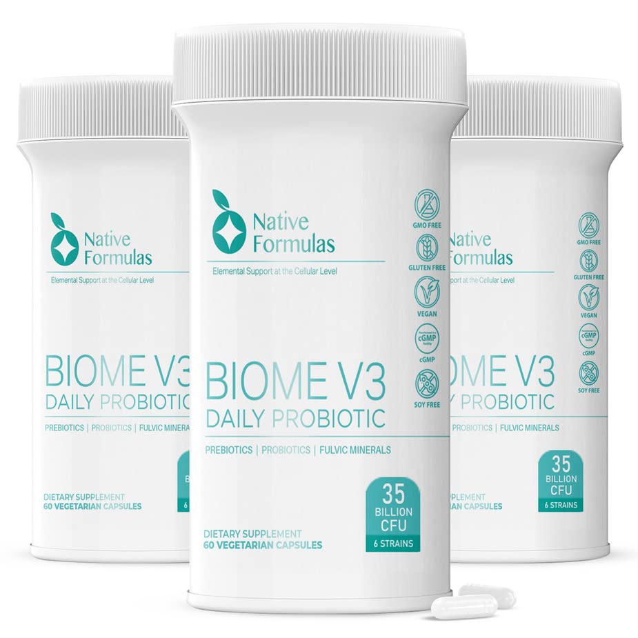 Původní parametry Biome V3 Probiotické, Prebiotické, & Fulvic Minerály doplňky - 35 Miliardy CFU - 6 Strany - 180 Vegan Kapsle - Ženy & Muži - FODMAP Friendly Podporuje stravitelné, imunitní & Gut zdraví