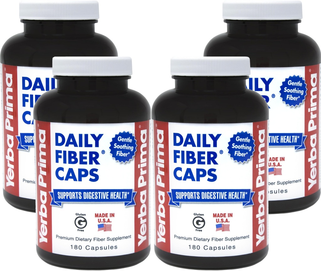 Yerba Prima Daily Fiber Caps - 180 Kapsle, (balení po 4) - Rozpustný a nerozpustný doplněk stravy - Colon Cleanse - Gut Health - Vegan, Non- GMO, gluten- bez