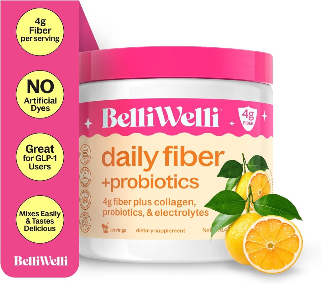 BelliWelli Fiber dodatek pro ženy a muže - Premium Daily Fiber Powder from Organic Acacia with Added Collagen, Electrolytes & Probiotics - No Bloat, Zácpa & Gut Health Support (Orange Yuzu)