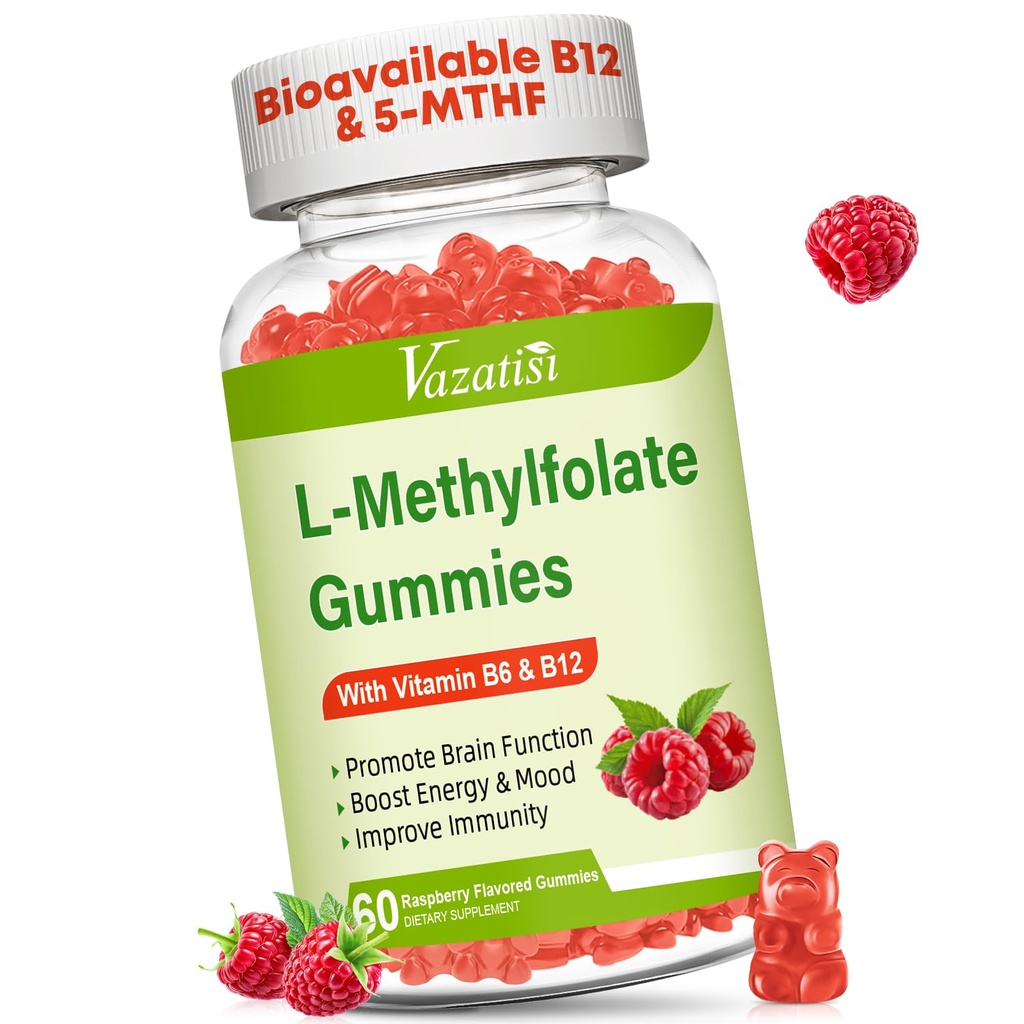 L- methylfolát 15 mg Gummie s methyl B12, Folát dodatek pro nádech, zdraví mozku, imunitní podpora, Malina Flavor, 60 Počet