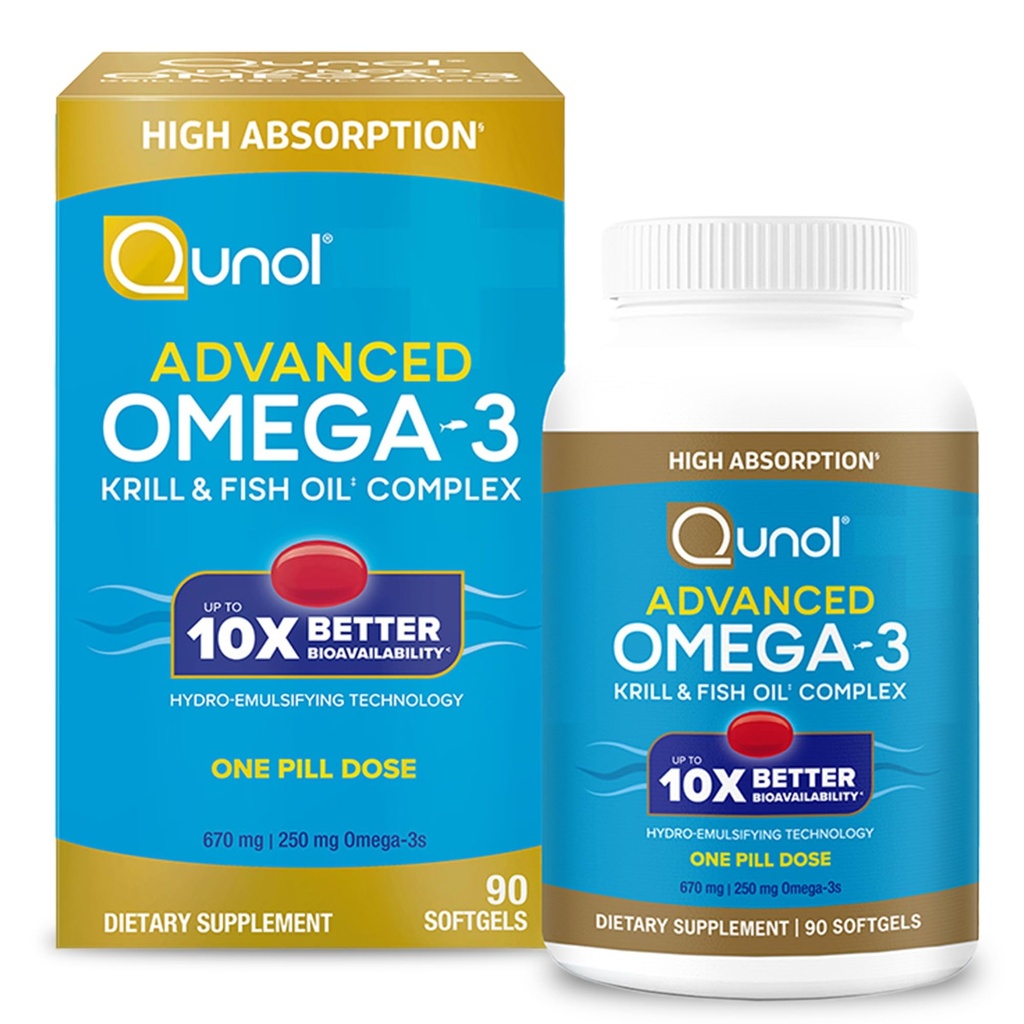 Qunol Advanced Omega 3 Krill and Fish Oil Complex, 10x Lepší biologická dostupnost, Jedna dávka, 250mg EPA & DHA, Podporuje mozek, oko, srdce a společné zdraví, 90 Počet (balení po 1)
