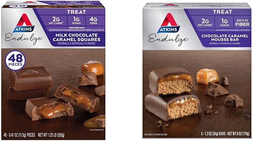 Atkins Endulge Mléčné čokoládové karamelové Squares 48 Počet & Čokoládové karamelové pěny Bary 5 Počet Bundle