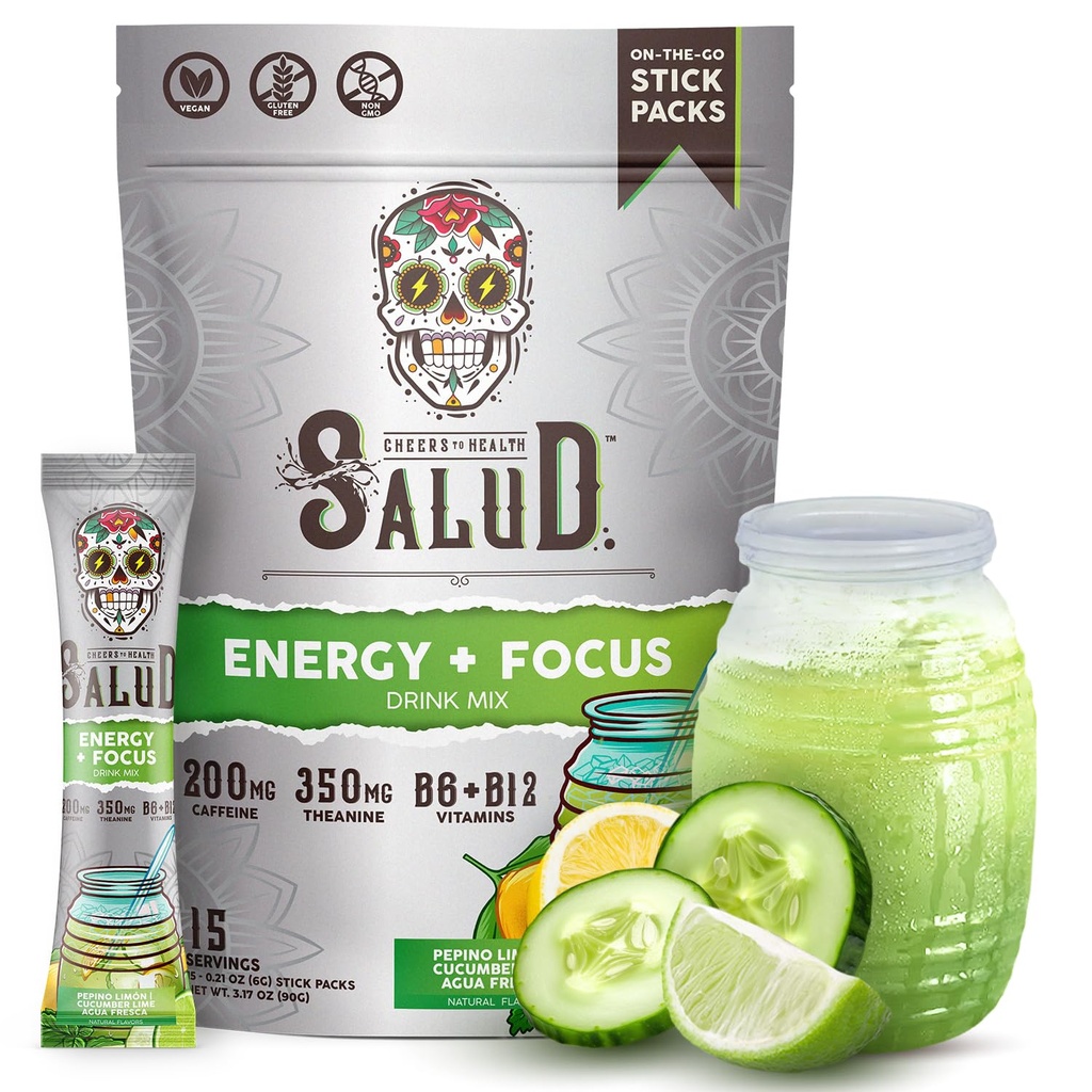 Salud 2in-1 Energy Drink Powder + Focus, Okurkový lim, Organic Caffeine, B6 + B12, Theanine, Clean Energy Drink Packets, Agua Fresca Mix, Non- GMO, Gluten Free, Vegan, 1g cukru, (15 Služeb)