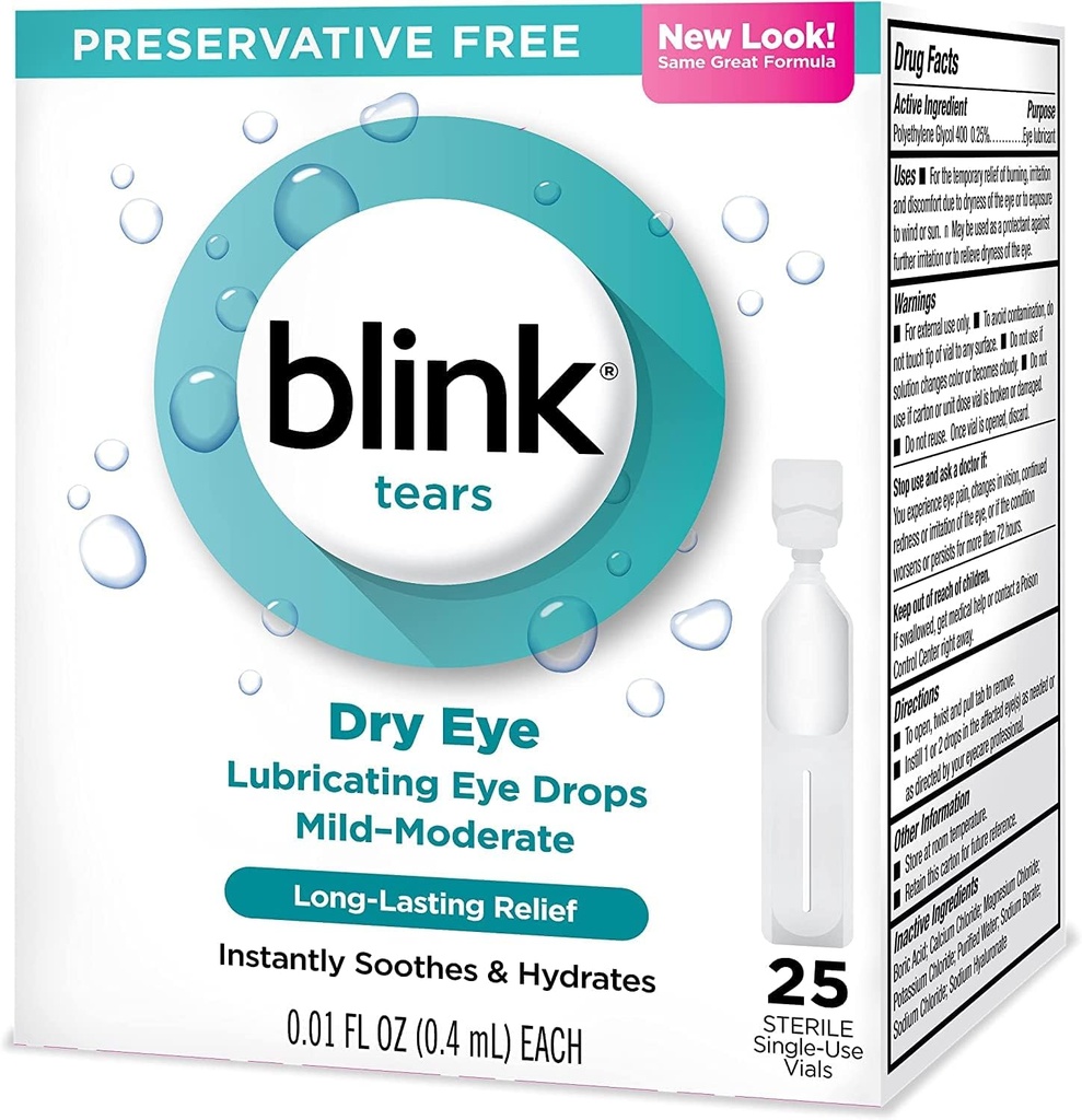 Blink Slzy Mazání očí Kapky Mírně středně suché oko .01 Fl Oz 25 Počet