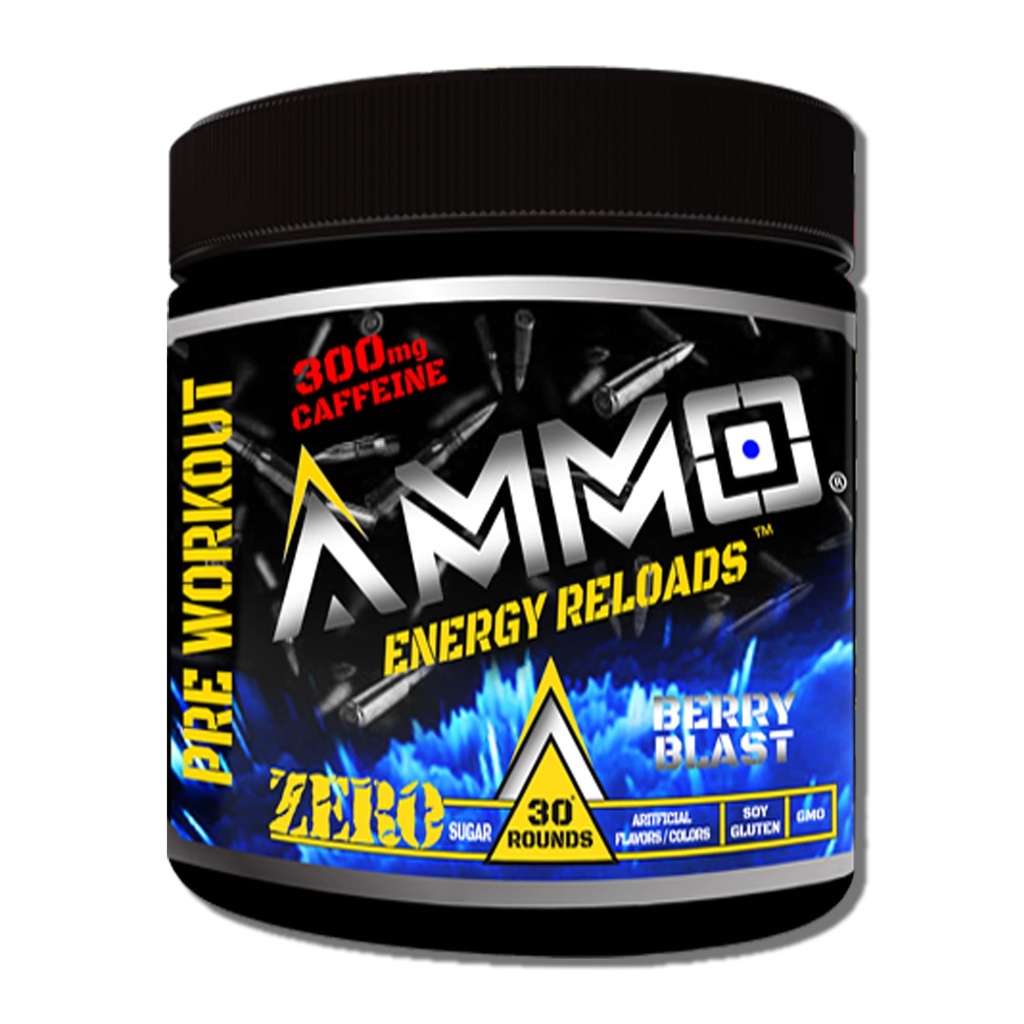 AMMO ® Energy Reloads ™ Pre Workout Powder - 300mg kofeinu nulový cukr Vital Aminos a Electrolytes No umělé aroma nebo barvy (Berry Blast)