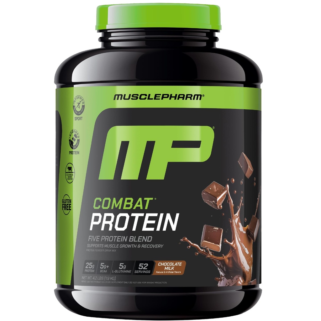 MusclePharm Combat Protein Powder, Chocolate Milk Flavor, Fuels Muscles for Productive Workouts, 5 Protein Sources including Syney Protein Isolate & Egg Albumin, Gluten Free, 4.2 LB, 52 Služeb