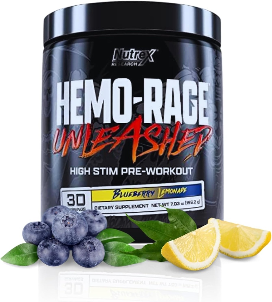 Nutrex Výzkum Hemo- Rage Extrémní High Stim Pre Workout Powder 124; Šílená Lasting Energy, Focus, Endurance & Pump Booster Předcvičení Dodatek 124; Blueberry Lemonade 30 Služeb