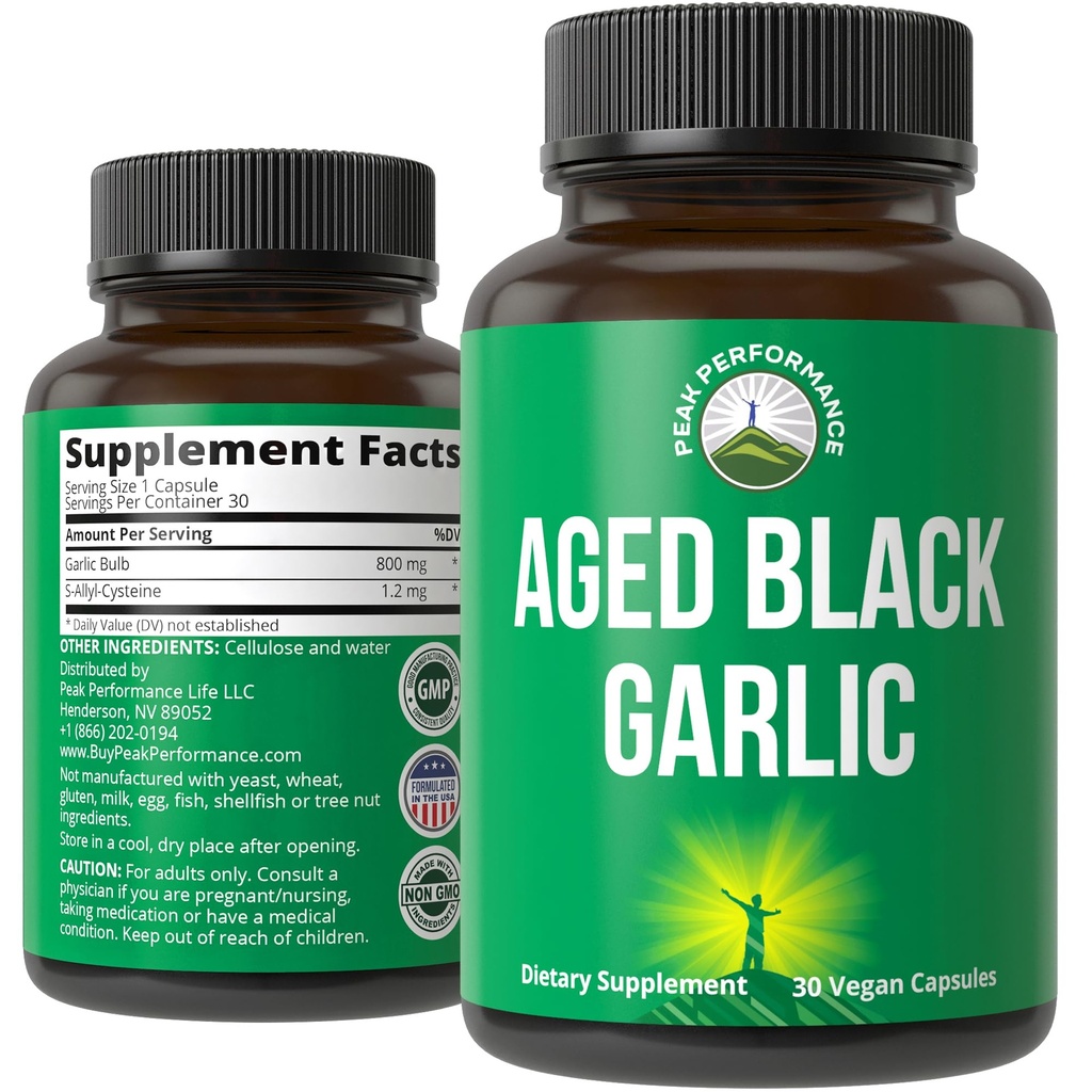 Vrcholový výkon starší černé česnekové kapsle. Surové Vegan čisté Odorless Extract Doplněk pilulky pro cholesterol, a imunitní podpůr. z česneku Bulb s S- Allyl cystein a antioxidanty