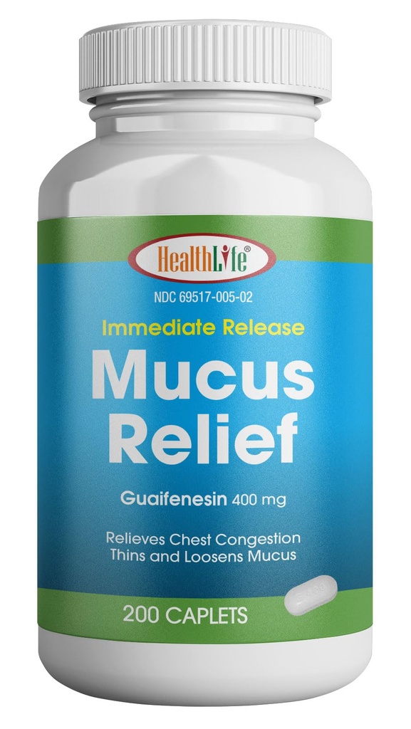 ZDRAVÍ LFE Mucus Relief Guaifeesin Caplets 400 mg, okamžité uvolnění rychle působící expektorant, tenký a loosens Mucus, uvolňuje kongestion hrudníku, kašel, zima a chřipka (střední, 200 Počet)