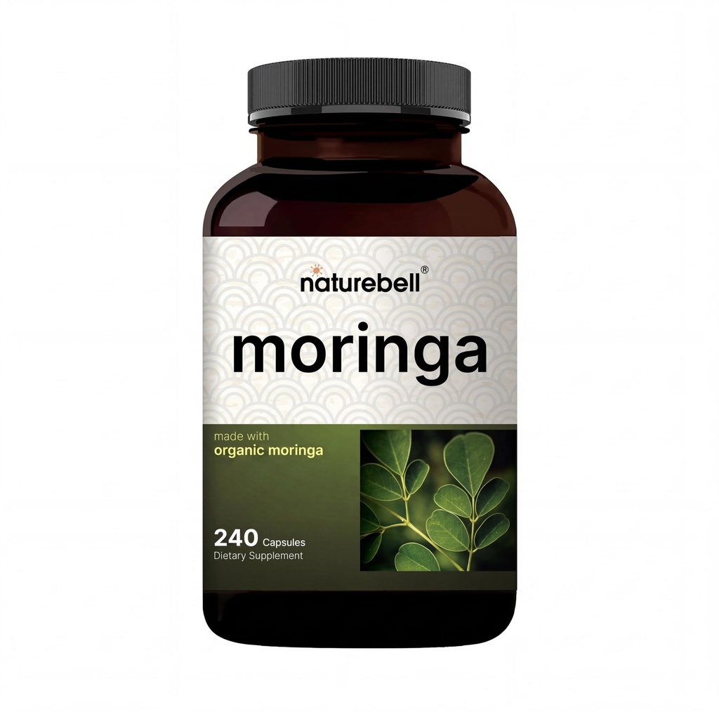 NatureBell Pure Moringa Kapsle 124; Vyrobeno s Moringa Powder Organic, 240 Kapsle - Green Superfood, Skin Health, & Imunitní podpora - Non- GMO, Gluten zdarma, 4 Měsíční dodávky