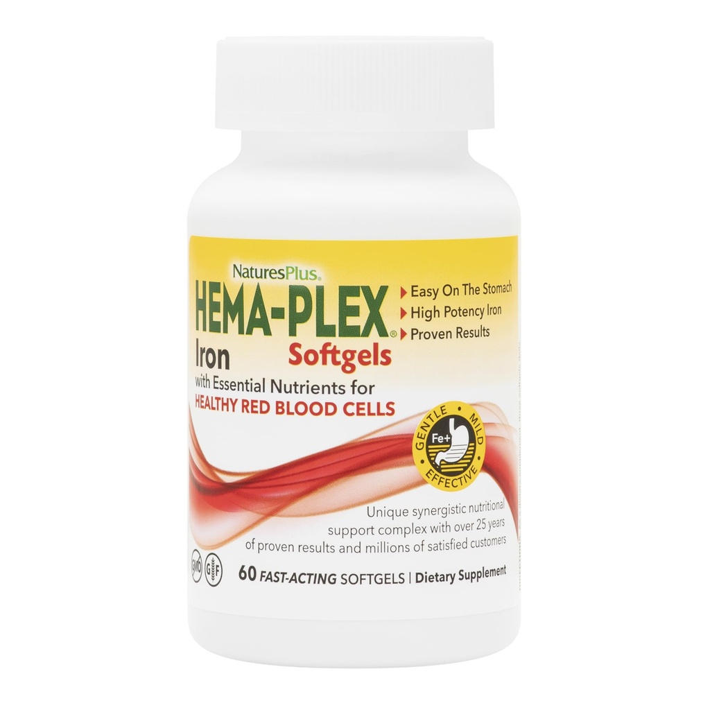 NaturesPlus Hema- Plex Iron - 60 Fast- acting Softgels - 85 mg Iron + Vitamin C & Bioflavonoidy pro zdravé červené krvinky - Vegan, gluten zdarma - 20 Služeb