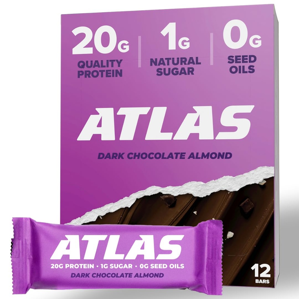 Atlas Bar - 20g protein, 1g cukr, 0g olej ze semen, 0g umělé sladkosti (Tmavá čokoládová mandle, 12 hrabě)