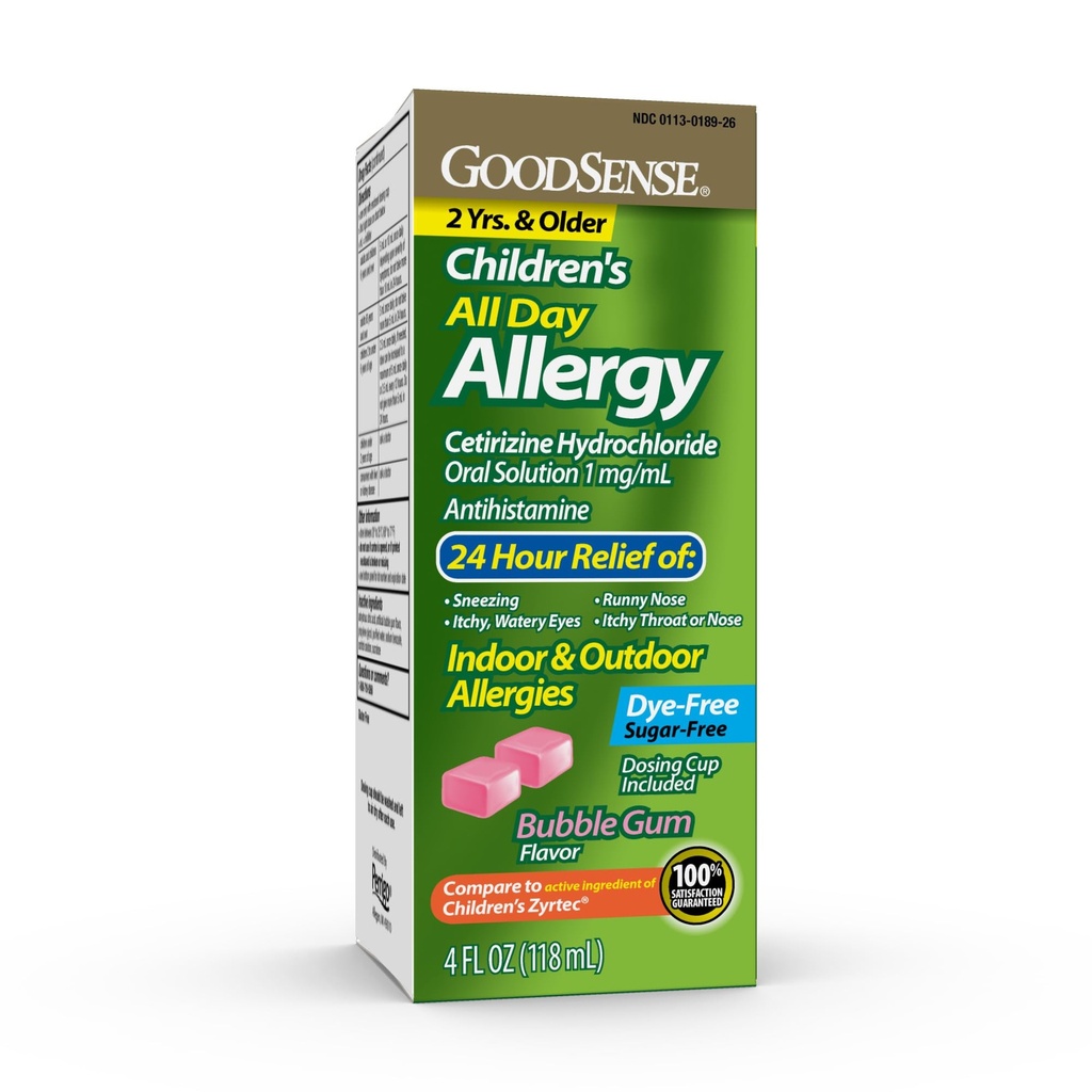 GoodSense Children 's All Day Alergics Relief, Cetirizin Hydrochloride perorální roztok 1 mg / ml, Bubble Gum Flavor, Barvivo zdarma, Cukr zdarma, 4 Fluid Ounce